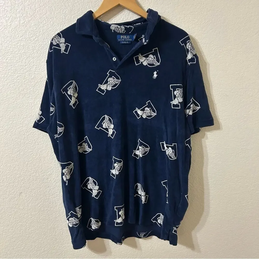 Polo Ralph Lauren P-Wing Logo Terrycloth Loungewear Polo in Blue - Size Large